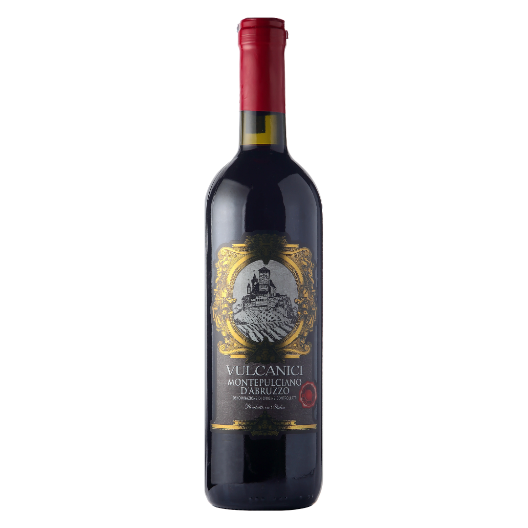 Garrafa do vinho tinto italiano Vulcanici Montepulciano d'Abruzzo DOC 750ml em fundo branco, destacando o rótulo frontal.