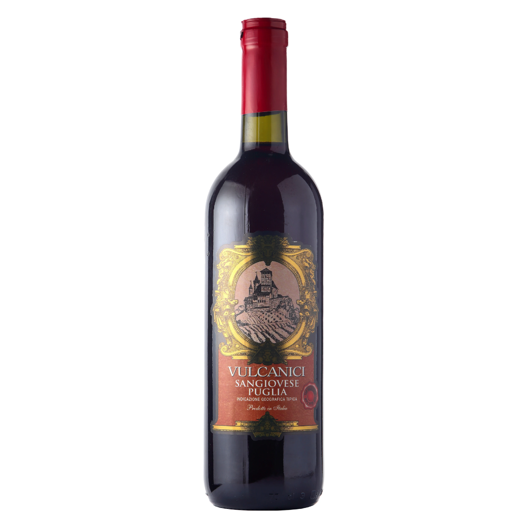 Garrafa do vinho tinto italiano Vulcanici Sangiovese Puglia IGT 750ml em fundo branco, destacando o rótulo frontal.