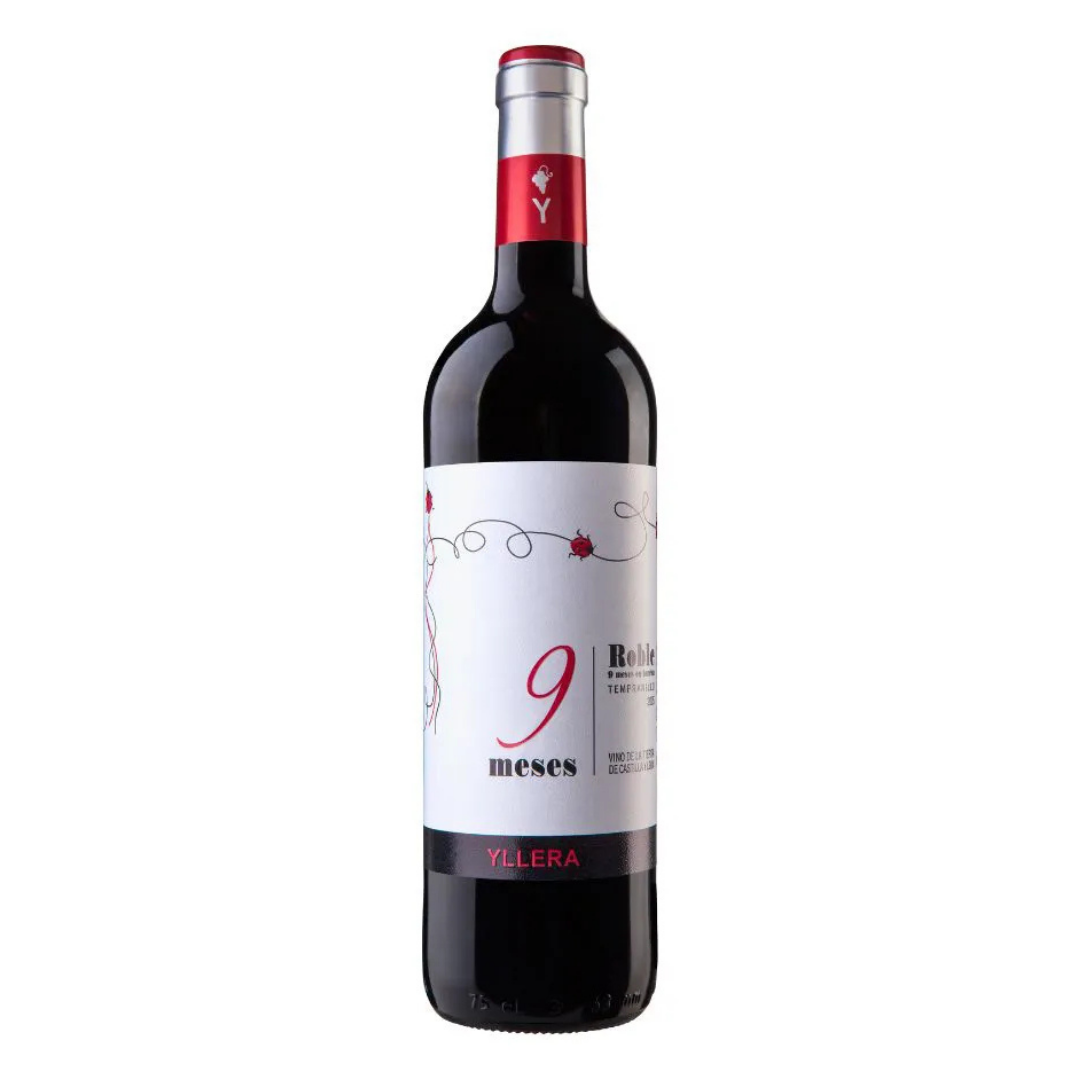 Garrafa do vinho tinto espanhol Yllera Roble 9 Meses Tempranillo em fundo branco, com o rótulo frontal visível.