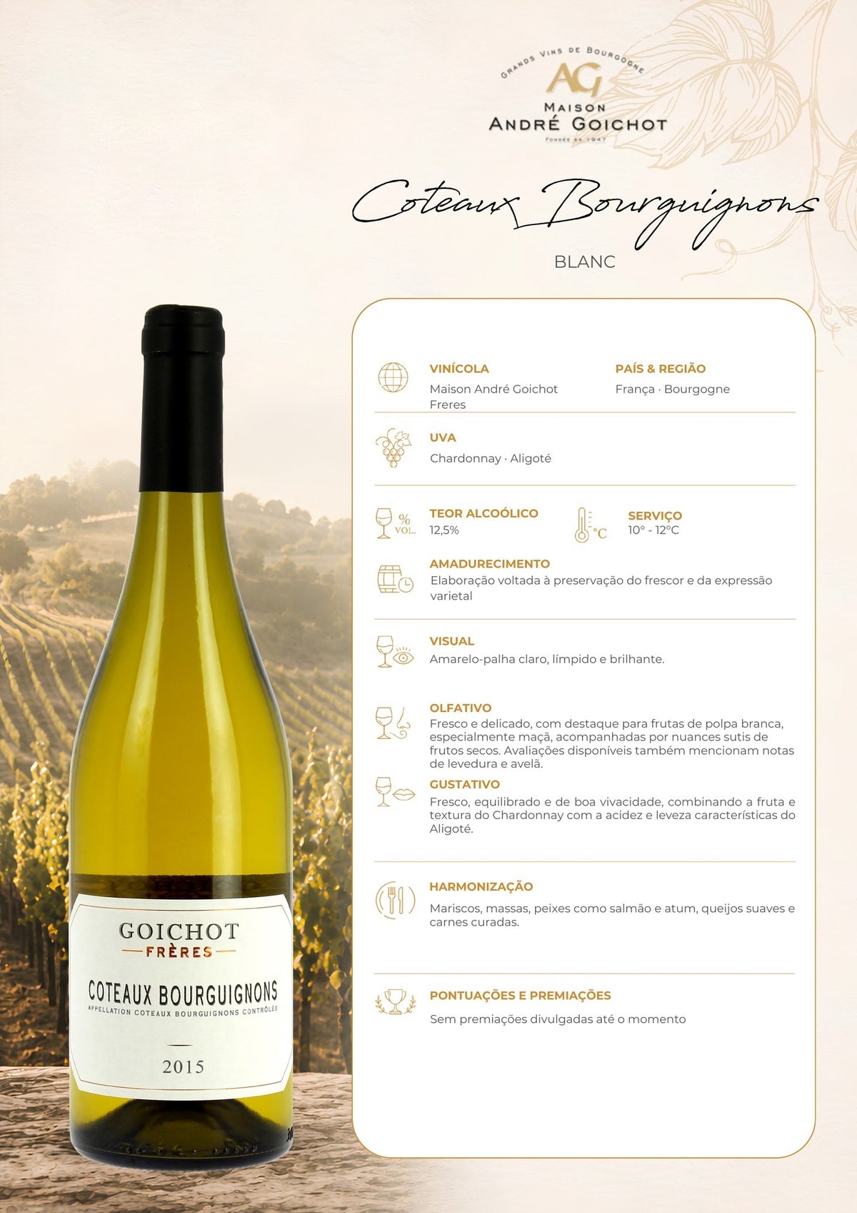 Ficha técnica do vinho branco Maison Goichot Coteaux Bourguignons Blanc, com informações de uva, origem, vinificação, harmonização e serviço.