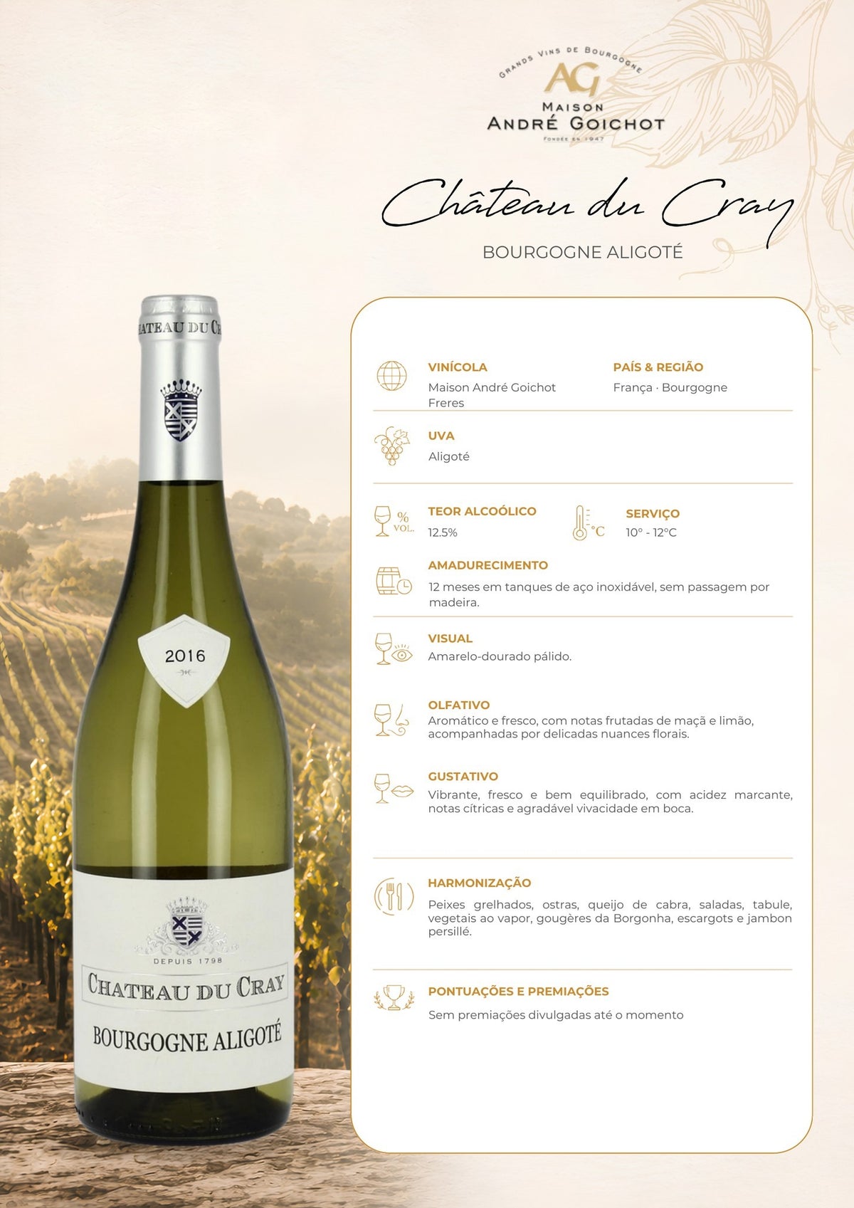 Ficha técnica do vinho branco Château du Cray Bourgogne Aligoté, com informações de uva, origem, vinificação, harmonização e serviço.