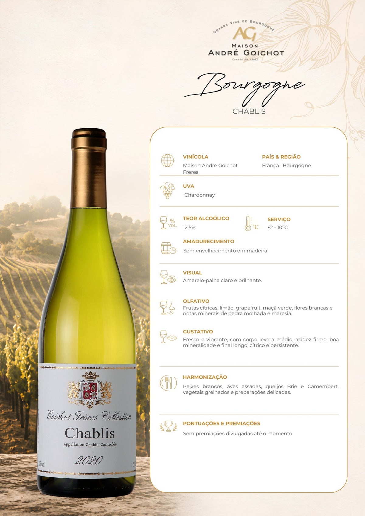 Ficha técnica do vinho branco Maison Goichot Frères Chablis, com informações de uva, origem, vinificação, harmonização e serviço.