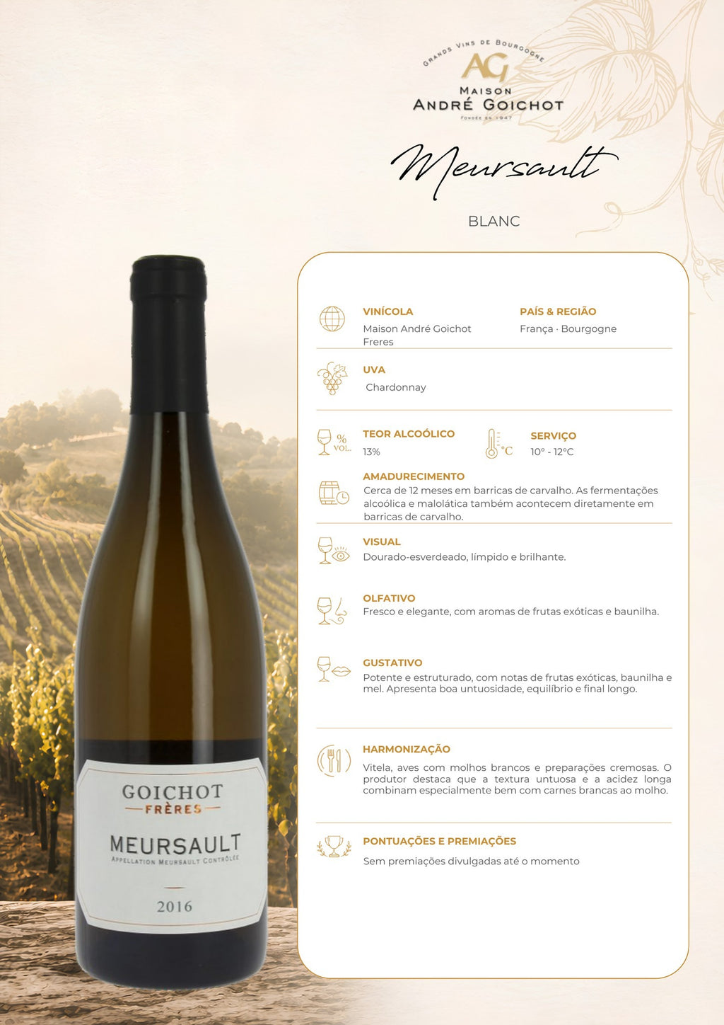Ficha técnica do vinho branco Maison Goichot Meursault Chardonnay, com informações de uva, origem, vinificação, harmonização e serviço.