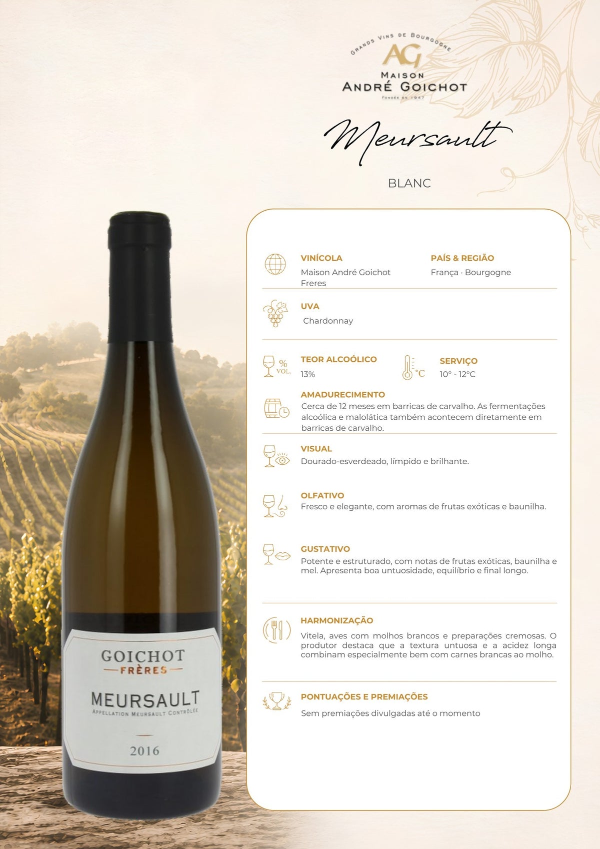 Ficha técnica do vinho branco Maison Goichot Meursault Chardonnay, com informações de uva, origem, vinificação, harmonização e serviço.