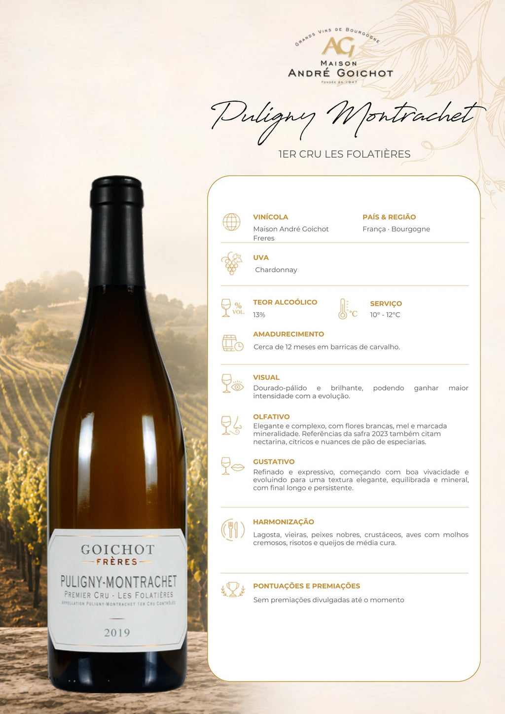 Ficha técnica do vinho branco Maison Goichot Puligny-Montrachet Les Folatières Chardonnay, com informações de uva, origem, vinificação, harmonização e serviço.