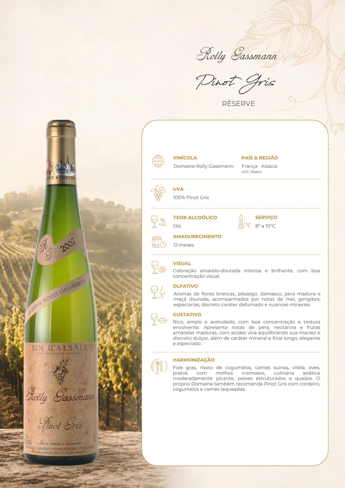 Ficha técnica do vinho branco Rolly Gassmann Pinot Gris Réserve, com informações de uva, origem, vinificação, harmonização e serviço.