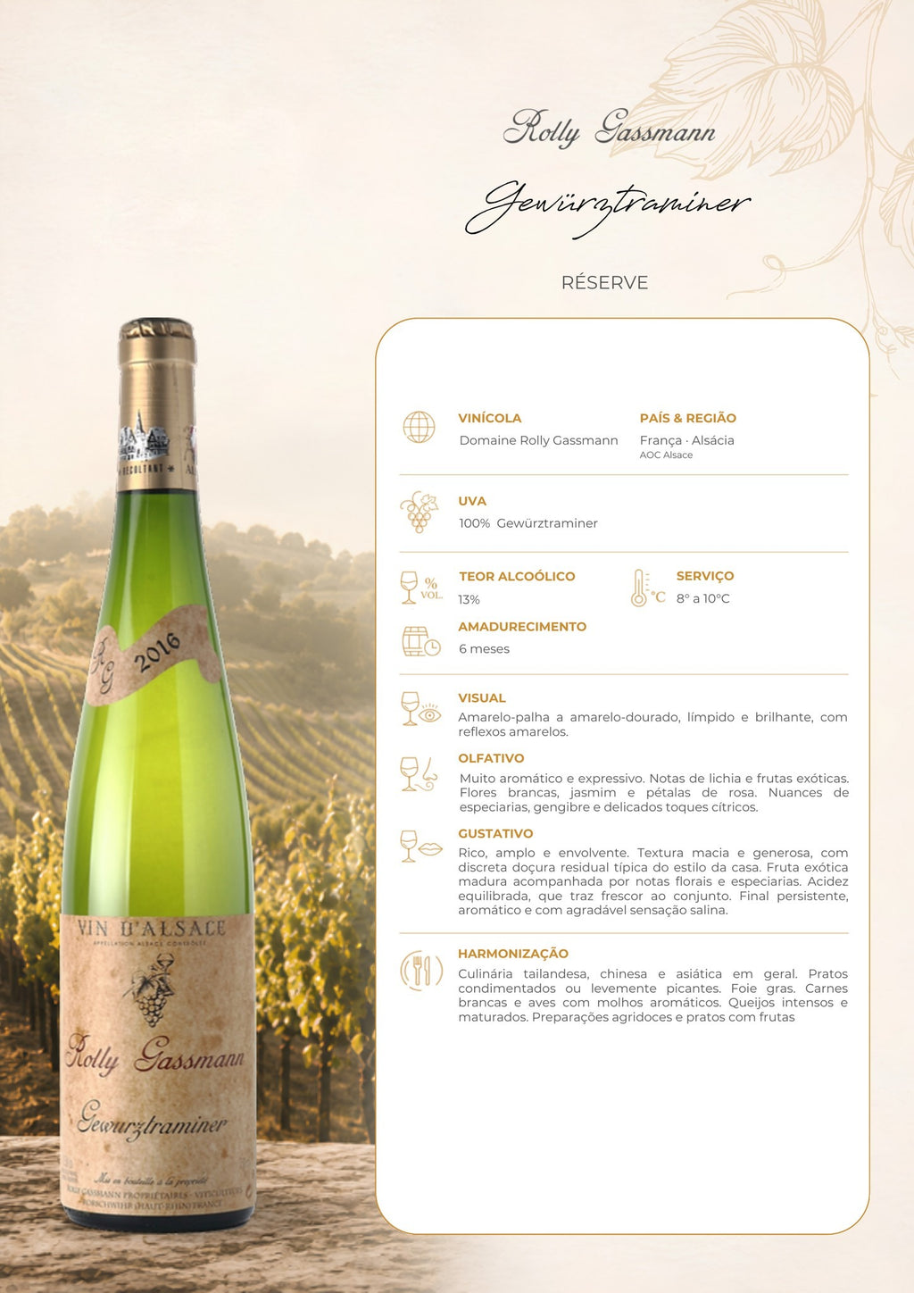 Ficha técnica do vinho branco Rolly Gassmann Gewürztraminer, com informações de uva, origem, vinificação, harmonização e serviço.