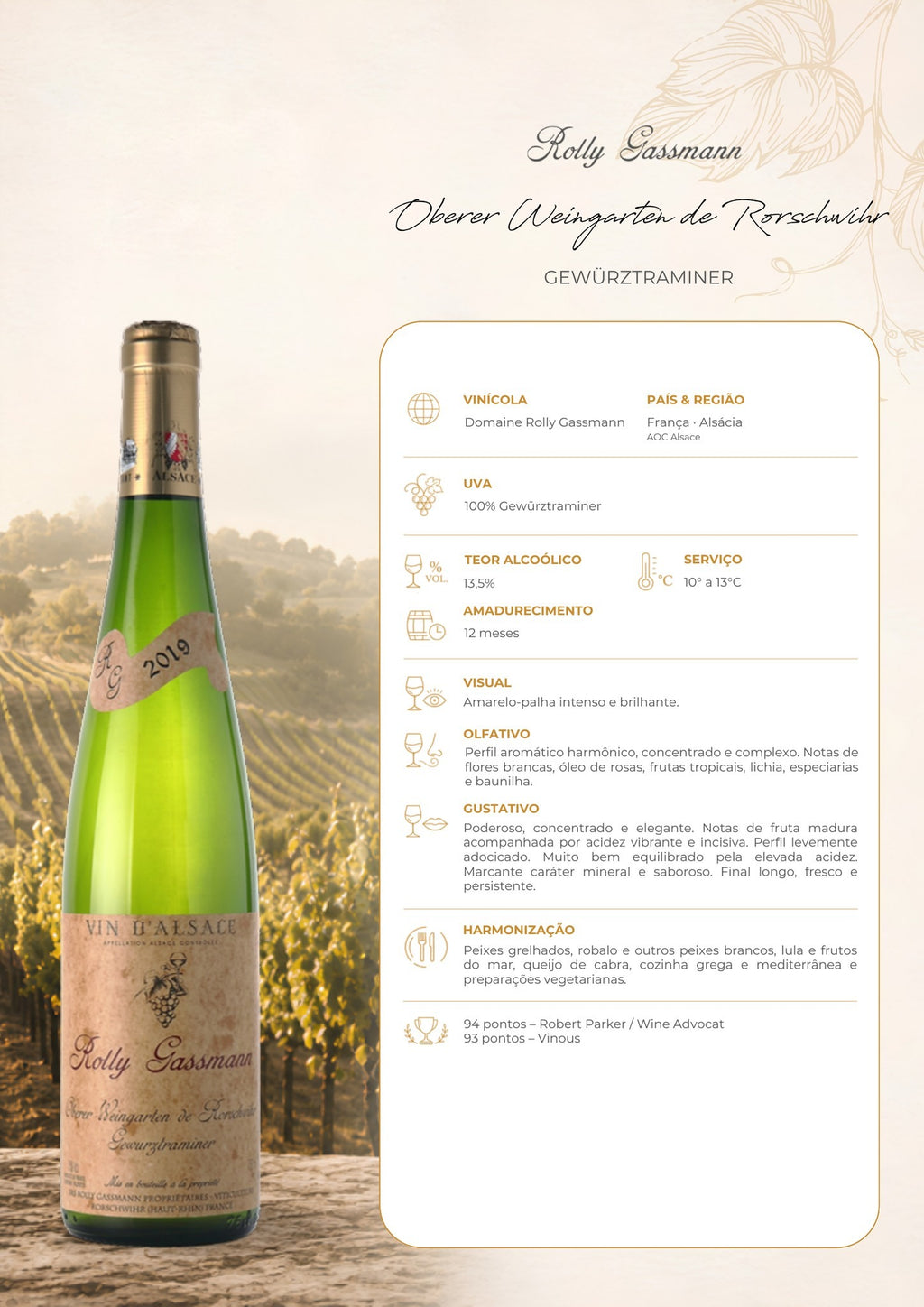 Ficha técnica do vinho branco Rolly Gassmann Oberer Weingarten Gewürztraminer, com informações de uva, origem, vinificação, harmonização e serviço.