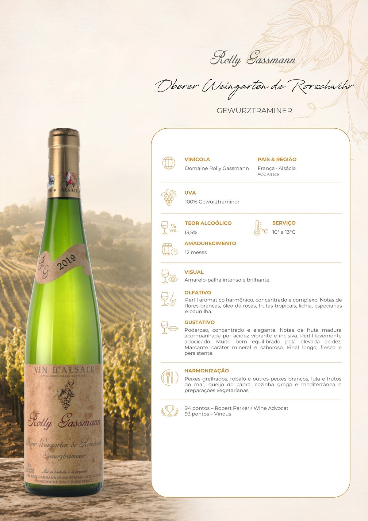 Ficha técnica do vinho branco Rolly Gassmann Oberer Weingarten Gewürztraminer, com informações de uva, origem, vinificação, harmonização e serviço.