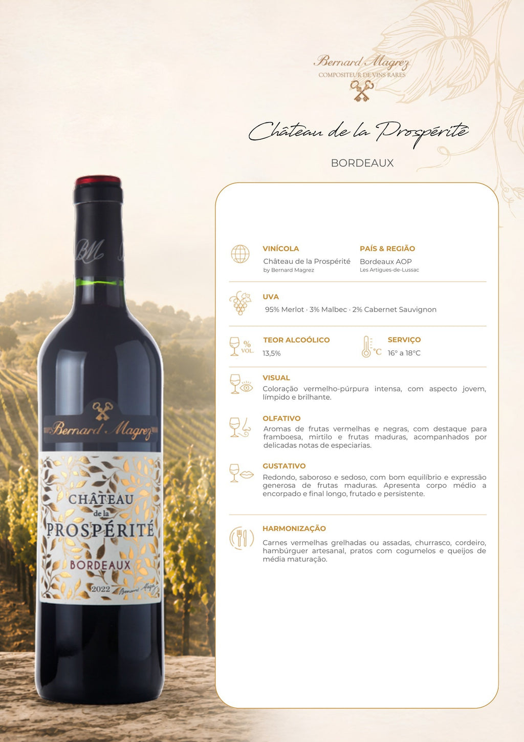 Ficha técnica do vinho tinto Château de la Prospérité Bordeaux, com informações de uva, origem, vinificação, harmonização e serviço.