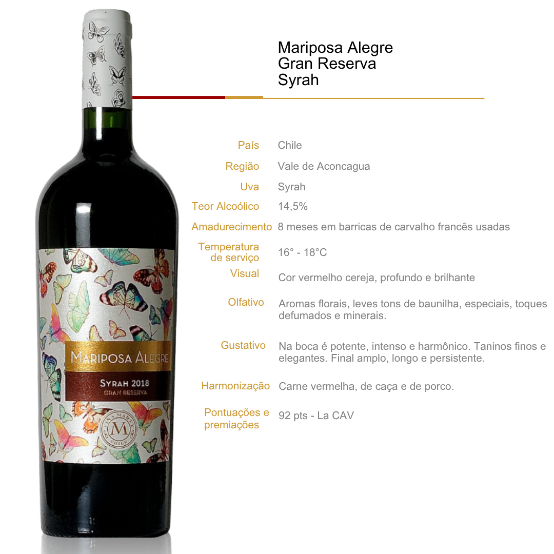 Vinho Tinto Mariposa Alegre Gran Reserva Syrah