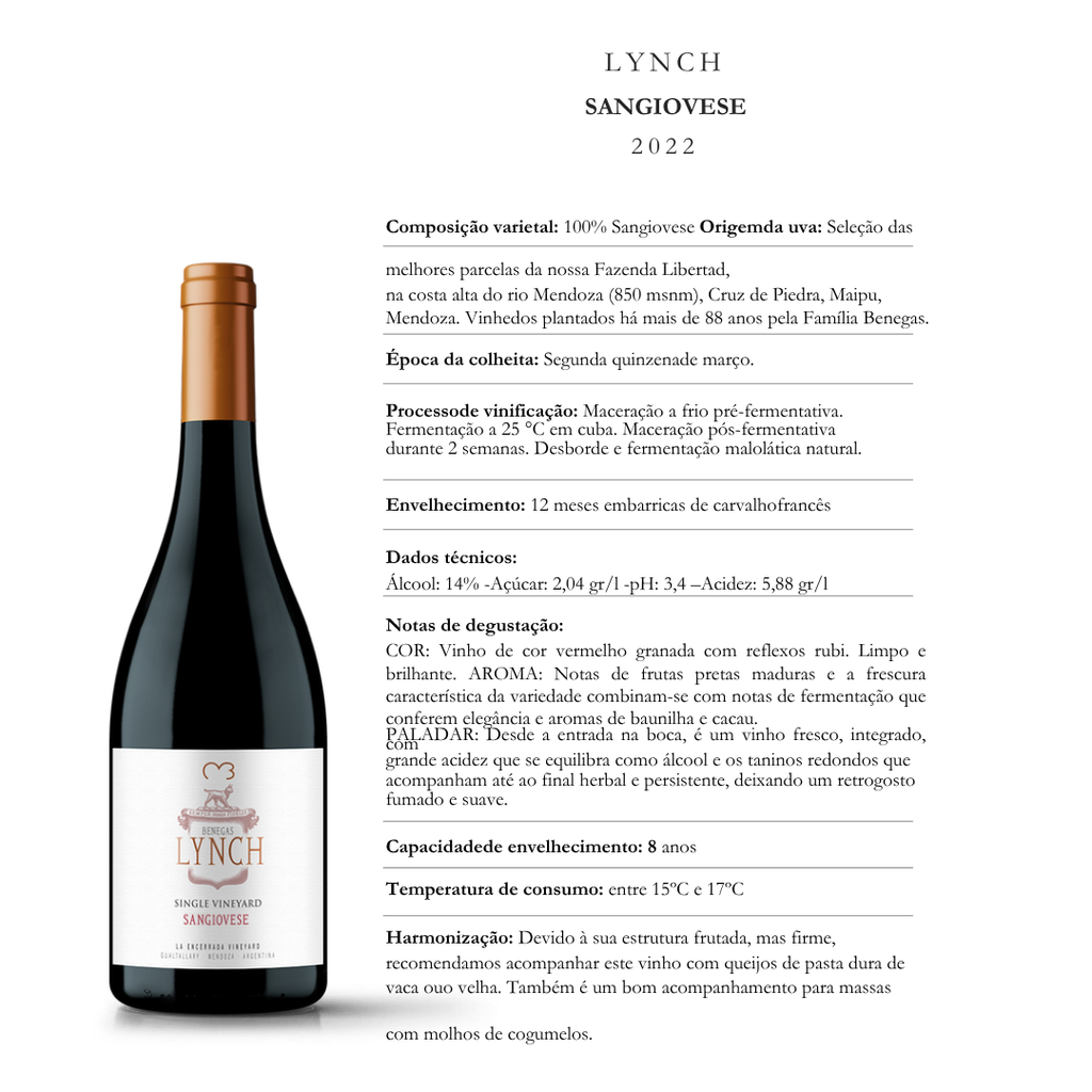 Vinho Tinto Lynch Sangiovese Benegas Single Vineyard Mendoza 2022
