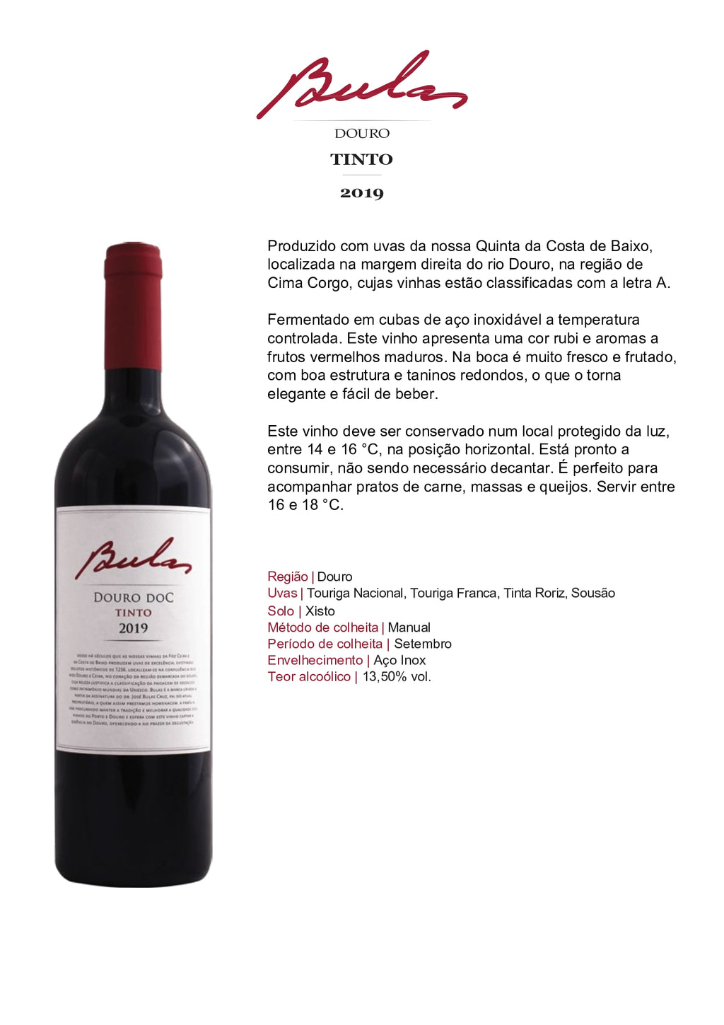 Vinho Tinto Bulas DOC Douro Colheita Portugal