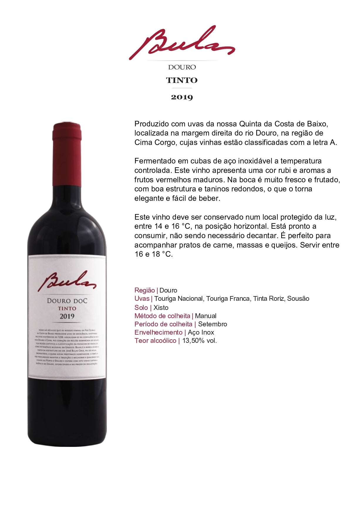 Vinho Tinto Bulas DOC Douro Colheita Portugal