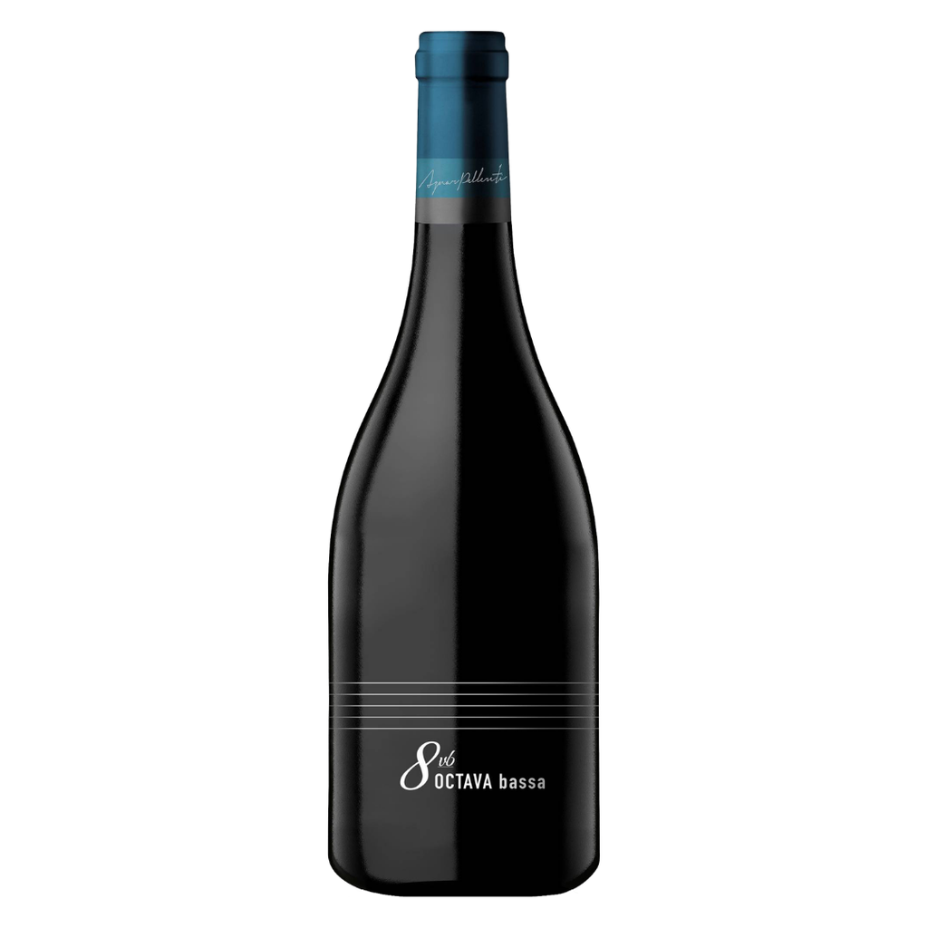 Garrafa do vinho tinto Octava Bassa Malbec 2021, 750ml, 100% Malbec, da Abremundos by Marcelo Pelleriti, Vista Flores, Tunuyán, Valle de Uco, Mendoza, Argentina, em fundo branco com destaque para o rótulo frontal.