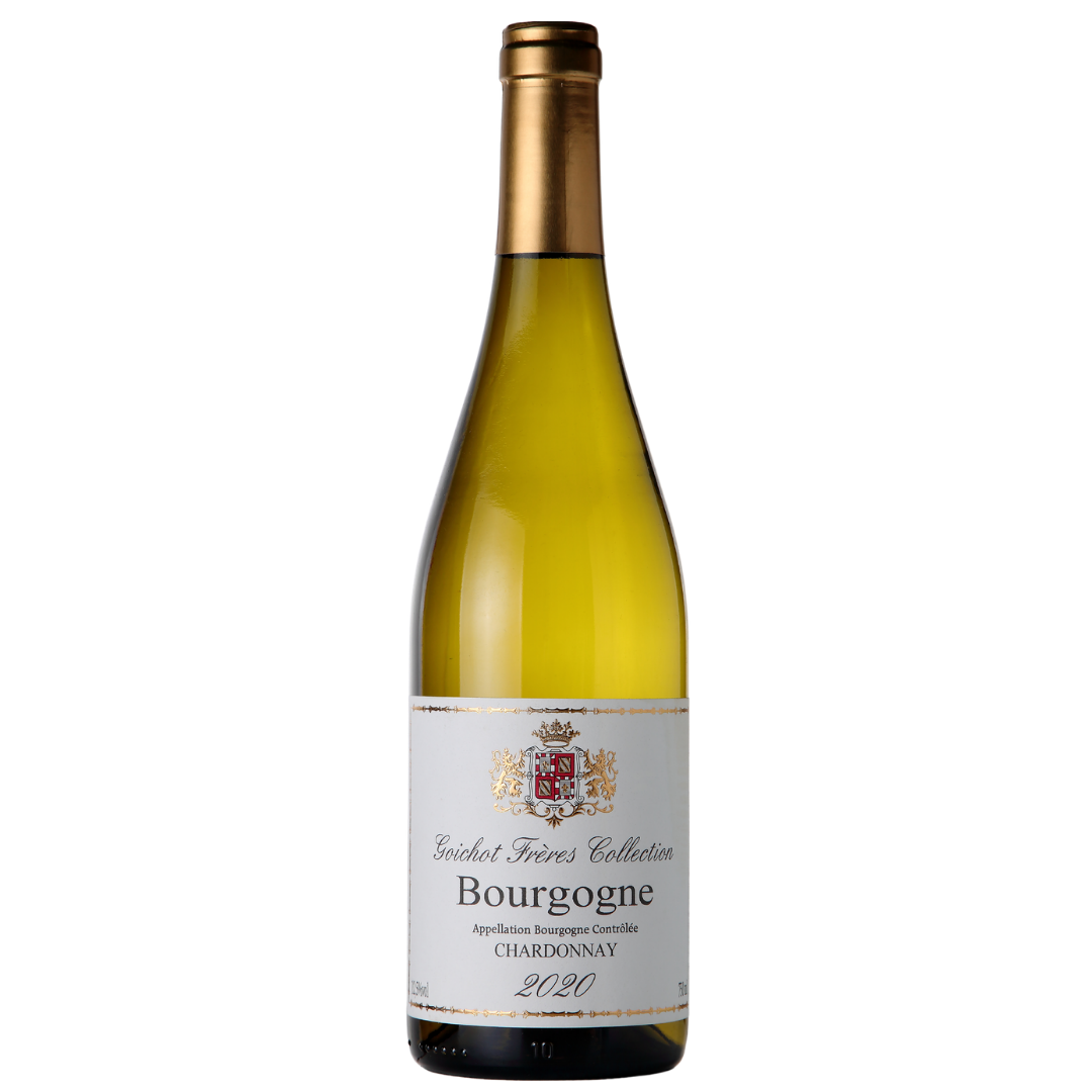 Garrafa do vinho branco Bourgogne Chardonnay da Maison André Goichot Frères, da Borgonha, França, em fundo branco com destaque para o rótulo frontal.