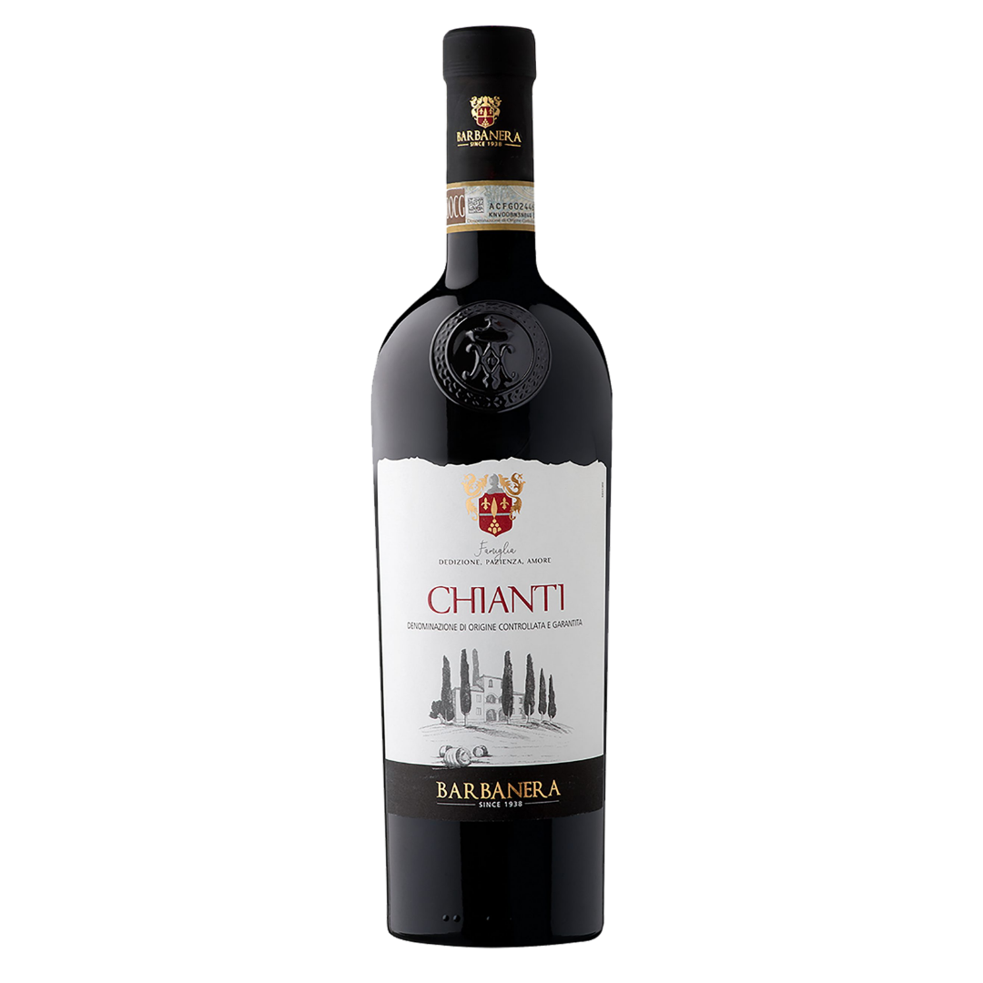 Garrafa do vinho tinto Chianti DOCG 750ml da Barbanera, da Toscana, Itália, em fundo branco com destaque para o rótulo frontal.