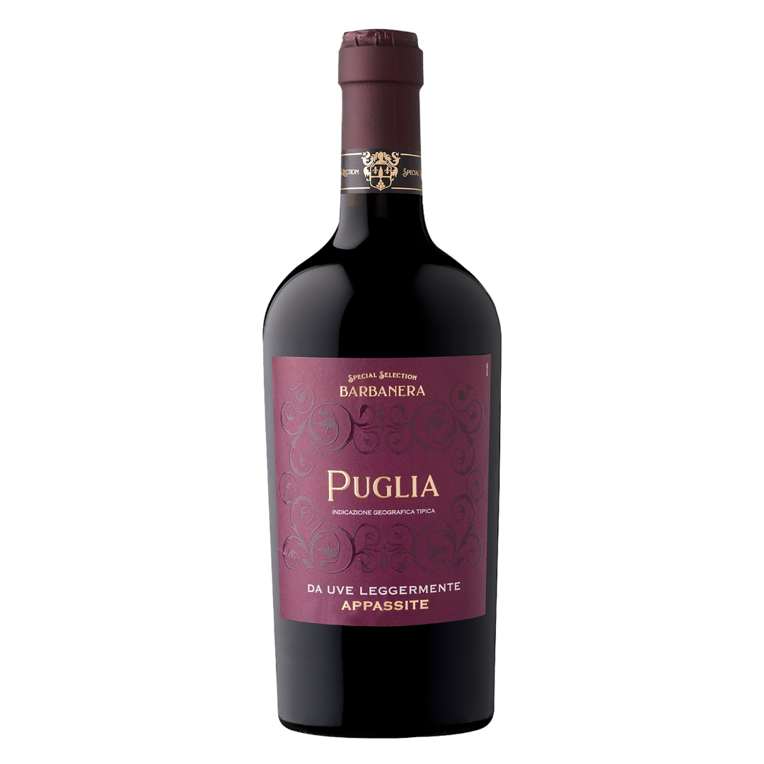 Garrafa do vinho tinto Puglia IGT da Uve Leggermente Appassite Special Selection 750ml da Barbanera, de Puglia, Itália, em fundo branco com destaque para o rótulo frontal.