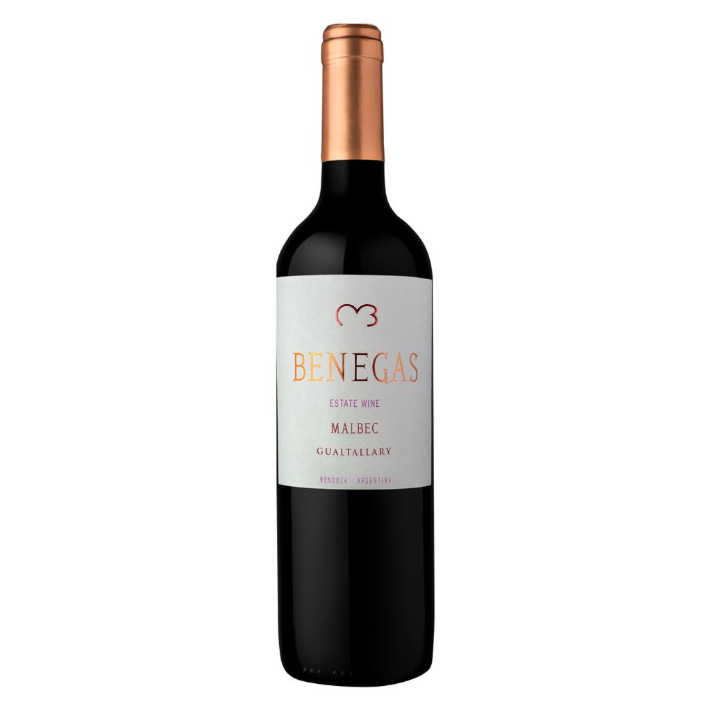 Garrafa do vinho tinto Juan Benegas Malbec 750ml da Bodega Benegas, de Mendoza, Argentina, em fundo branco com destaque para o rótulo frontal.