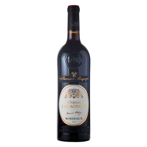 Garrafa do vinho tinto Bernard Magrez Château Les Songes Bordeaux AOC 2021 750ml, produzido na commune de Pompignac, Bordeaux, França, em fundo branco com destaque para o rótulo frontal.