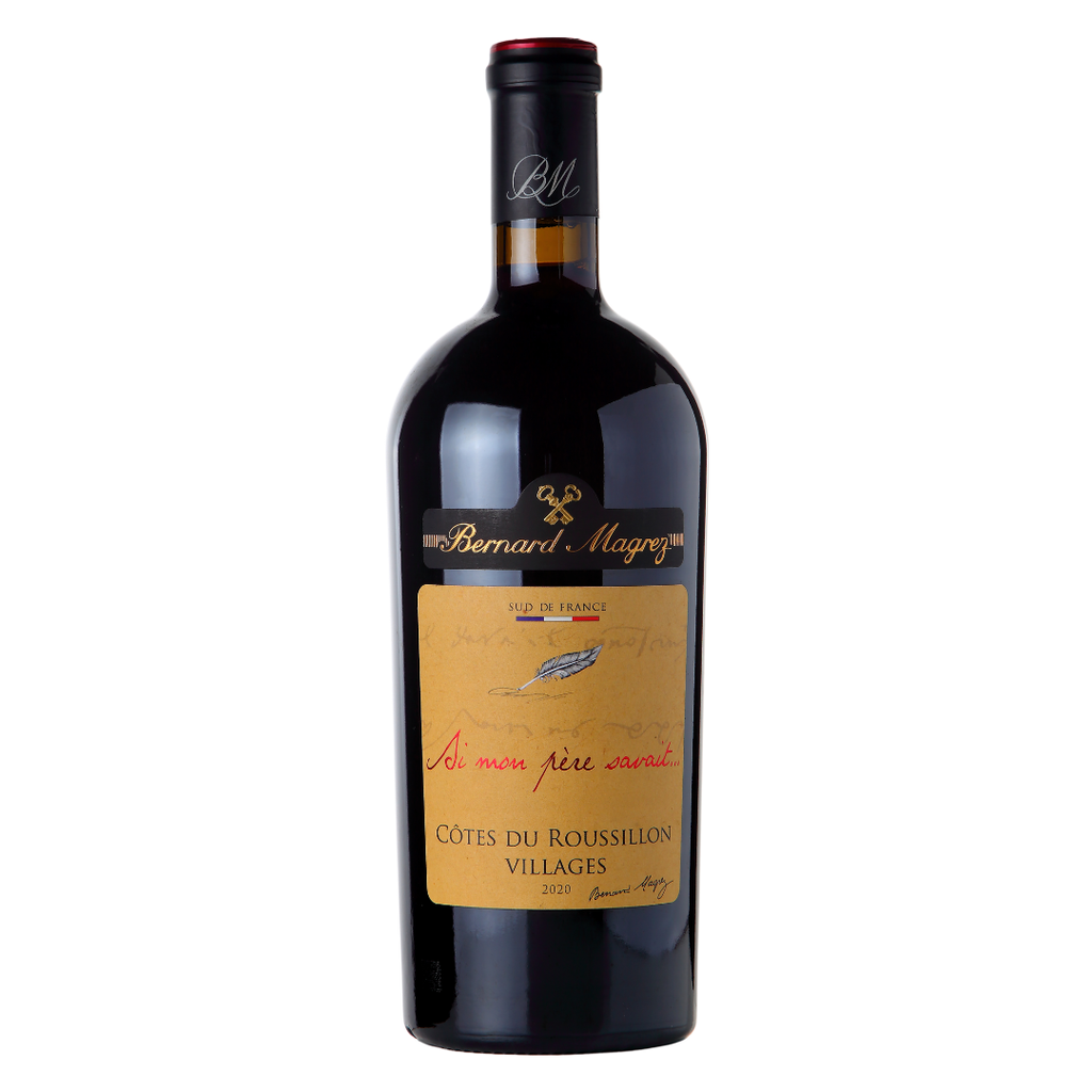 Garrafa do vinho tinto Si Mon Père Savait 2020 750ml da Bernard Magrez, de Côtes du Roussillon Villages, França, em fundo branco com destaque para o rótulo frontal.