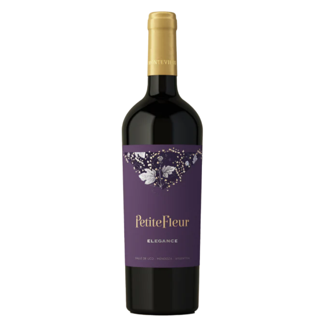 Garrafa do vinho tinto Petite Fleur Elegance 2022 750ml da Bodega Monteviejo, de Vista Flores, Valle de Uco, Mendoza, Argentina, em fundo branco com destaque para o rótulo frontal.