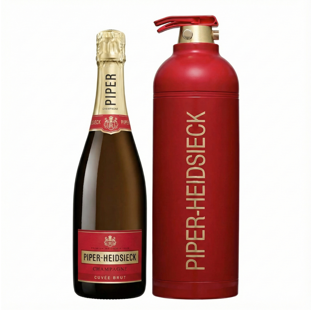Garrafa do Champagne Piper-Heidsieck Cuvée Brut dentro da embalagem térmica vermelha em formato de extintor de incêndio.
