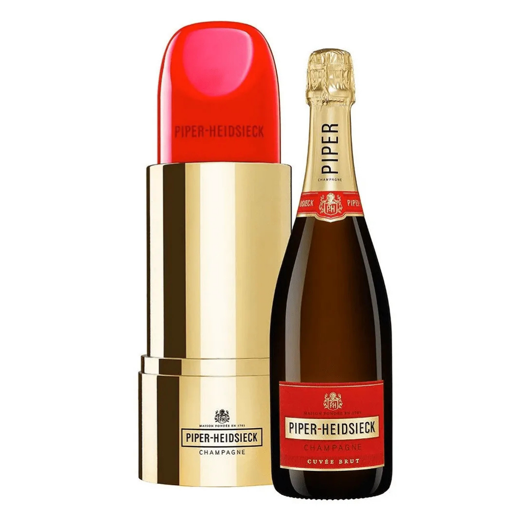 Garrafa do Champagne Piper-Heidsieck Cuvée Brut dentro da embalagem térmica em formato de batom vermelho e dourado (Edição Lipstick).