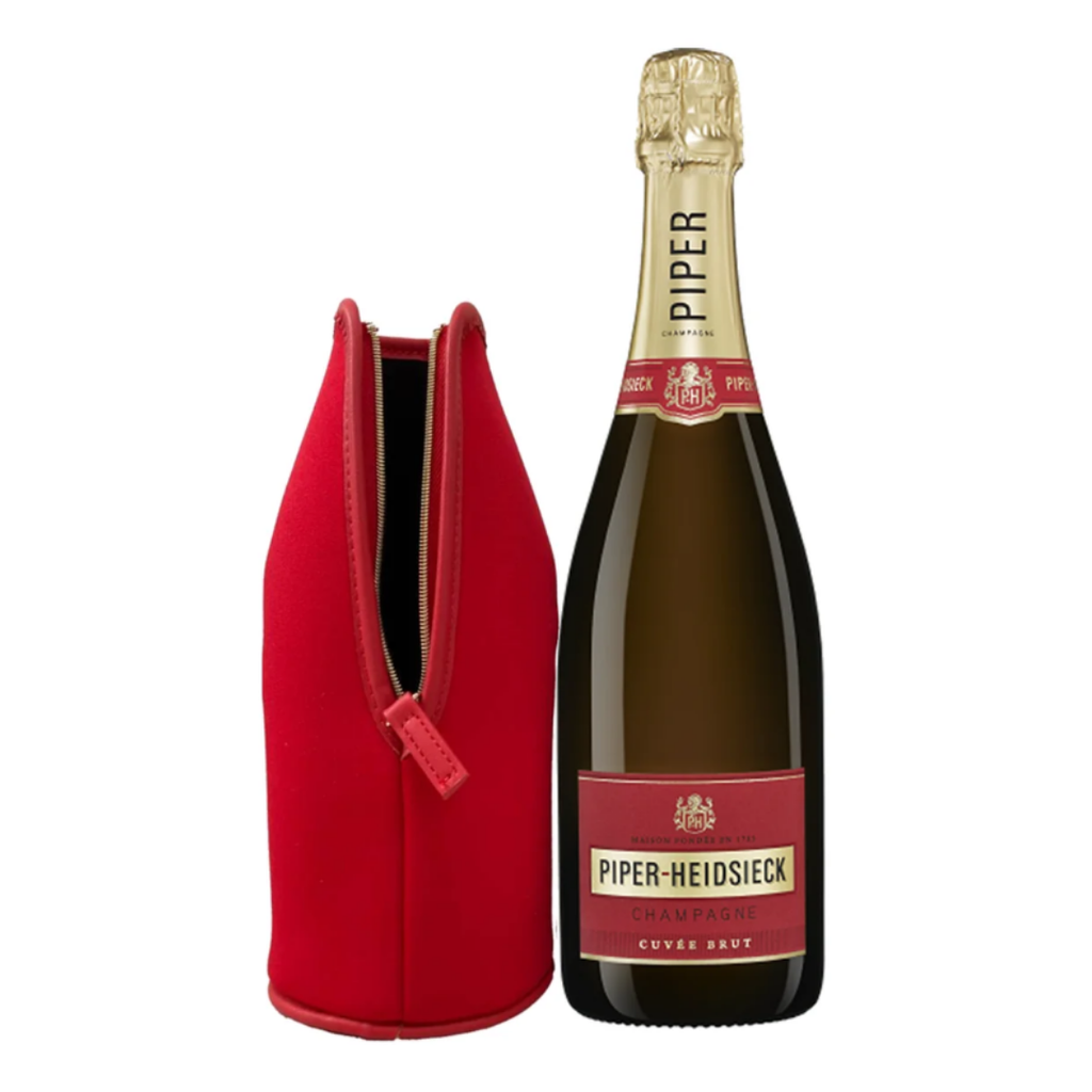 Garrafa de Champagne Piper-Heidsieck vestida com a capa térmica Jacket Life Style vermelha.
