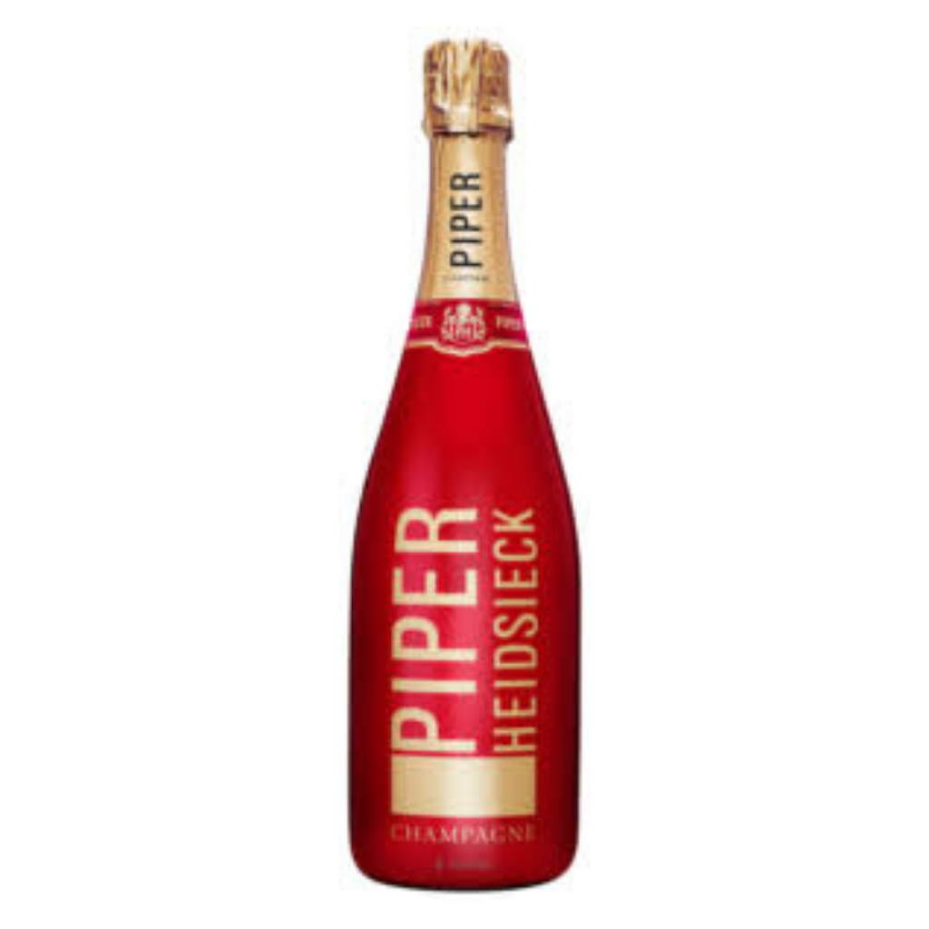 Garrafa do Champagne Piper-Heidsieck Sleeve Edition com revestimento texturizado vermelho e dourado em fundo branco.