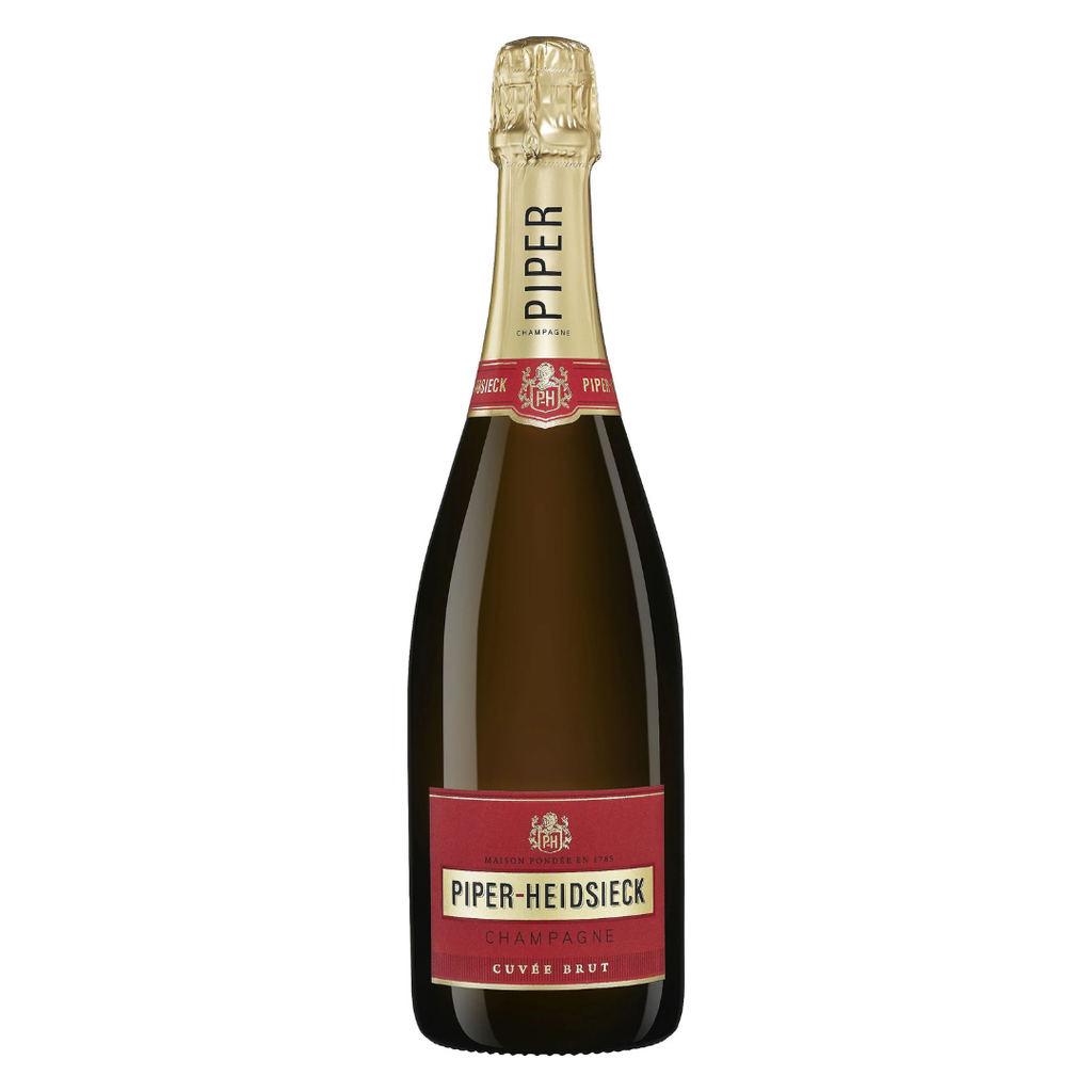 Garrafa do Champagne Piper-Heidsieck Cuvée Brut NV com seu rótulo vermelho icônico.