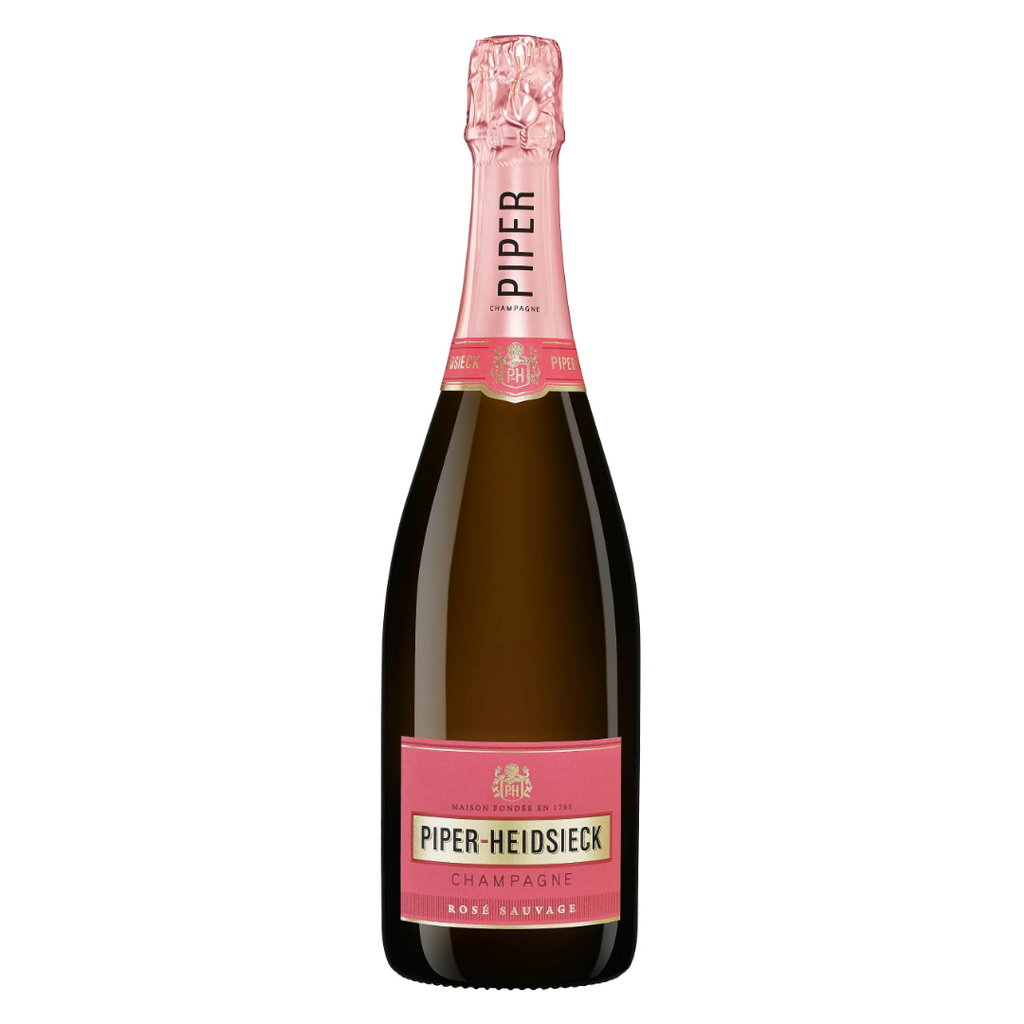 Garrafa do Champagne Piper-Heidsieck Rosé Sauvage em fundo branco, destacando o rótulo preto e a cor intensa do espumante.