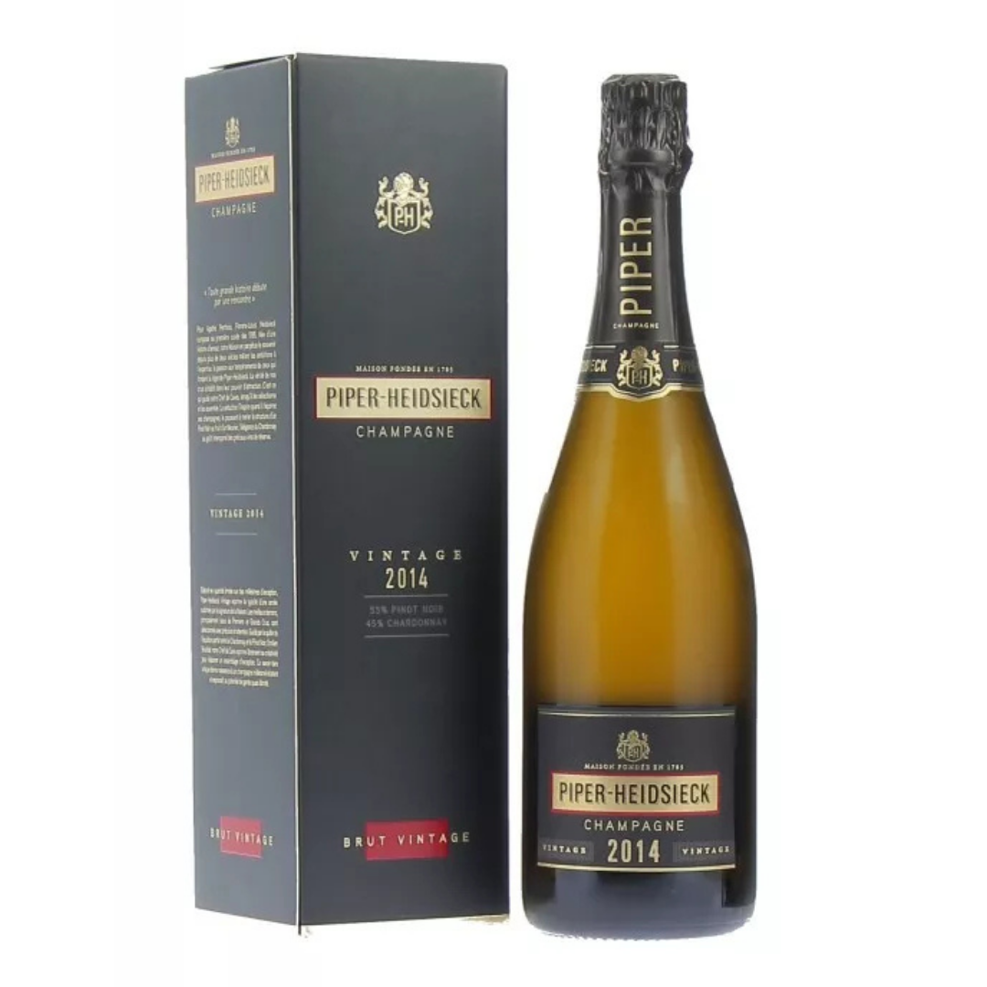 Garrafa do Champagne Piper-Heidsieck Vintage 2014 Brut Millésime em fundo branco, mostrando o rótulo dourado e preto.