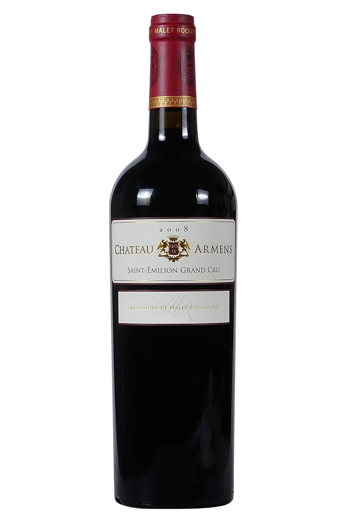 Garrafa de 750 ml do vinho tinto Château Armens Saint-Émilion Grand Cru, de Bordeaux, França, com rótulo frontal em destaque.