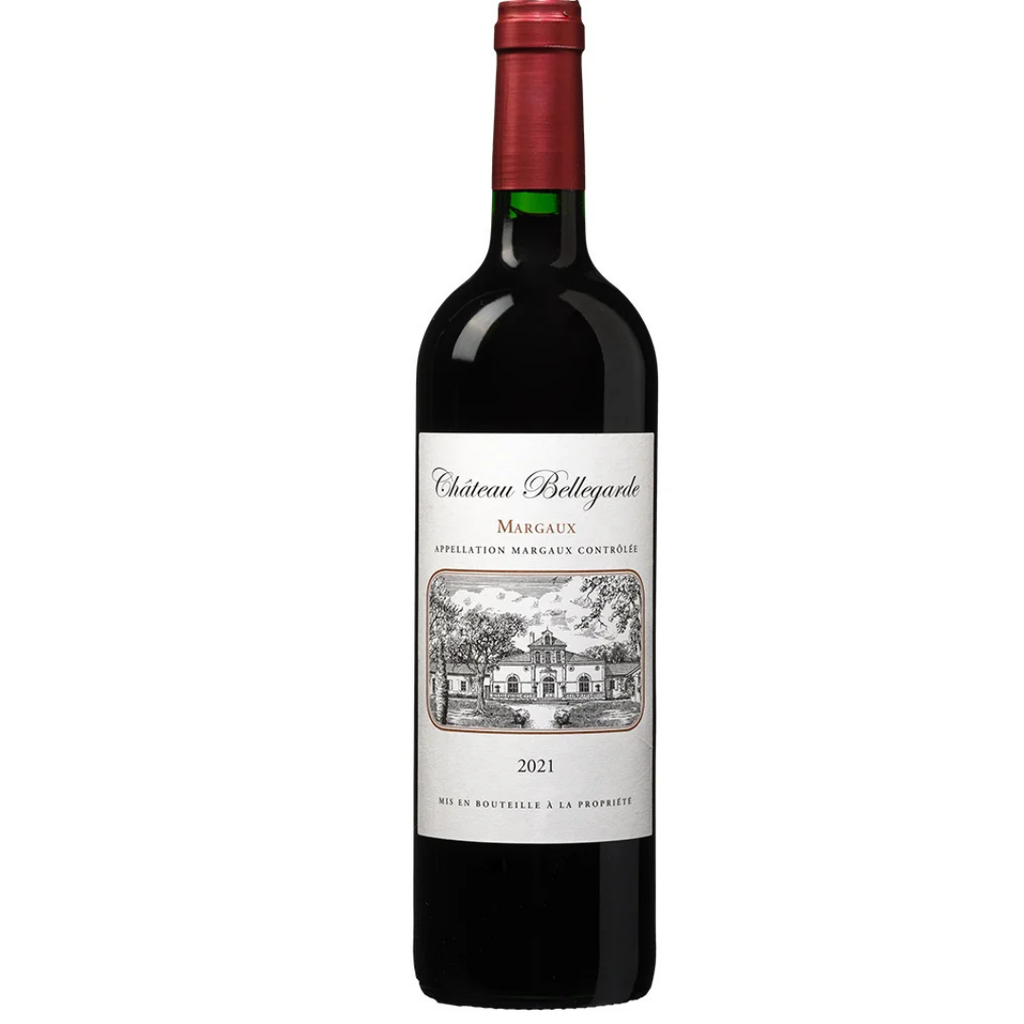 Garrafa do vinho tinto Château Bellegarde Margaux AOC Bordeaux França 2021 750ml, em fundo branco com destaque para o rótulo frontal.