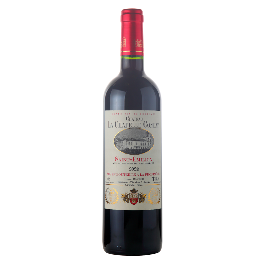 Garrafa do vinho tinto Château La Chapelle Condat Saint-Émilion 2022 750ml da Maison François Janoueix, da região de Saint-Émilion, Bordeaux, França, em fundo branco com destaque para o rótulo frontal.