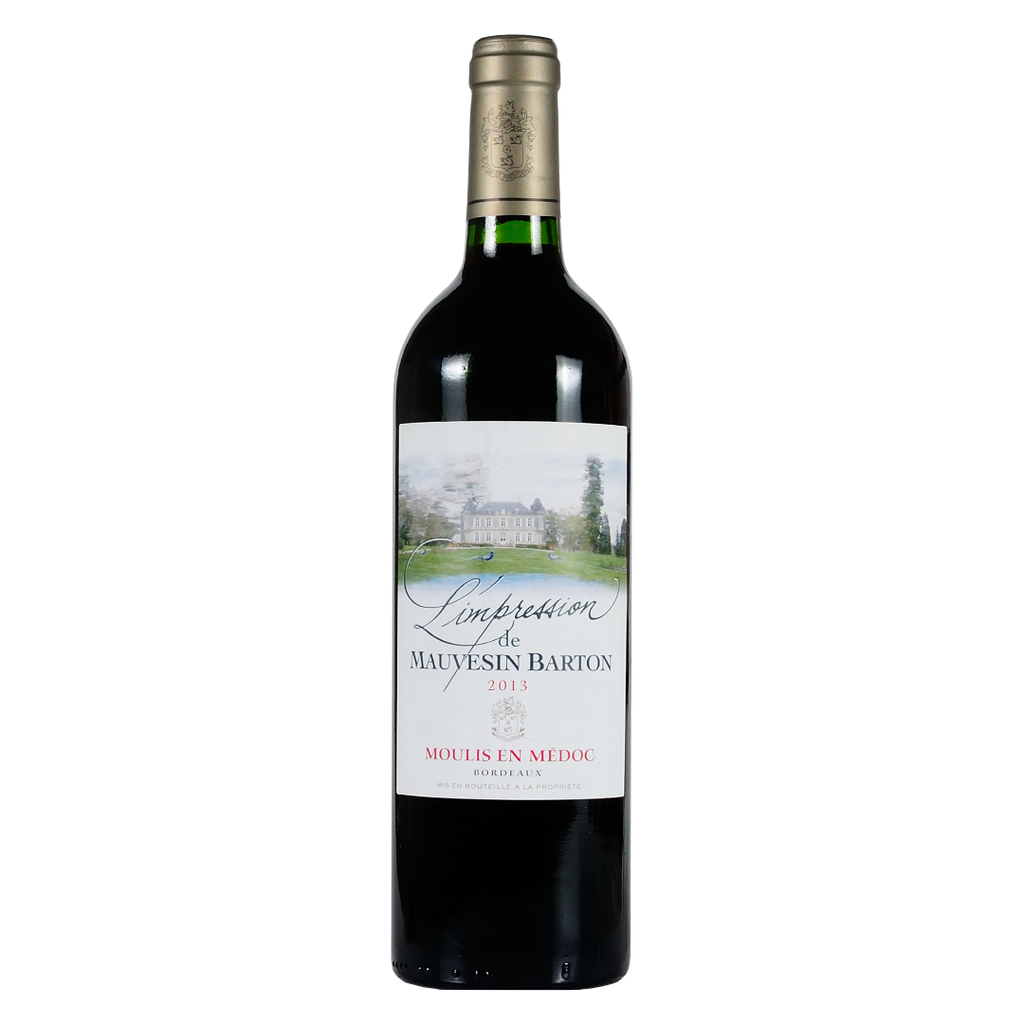 Garrafa do vinho tinto L'Impression de Mauvesin Barton 2013 750ml do Château Mauvesin Barton, de Moulis-en-Médoc, Bordeaux, França, em fundo branco com destaque para o rótulo frontal.