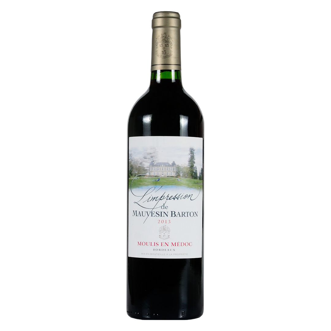 Garrafa do vinho tinto L'Impression de Mauvesin Barton 2013 750ml do Château Mauvesin Barton, de Moulis-en-Médoc, Bordeaux, França, em fundo branco com destaque para o rótulo frontal.