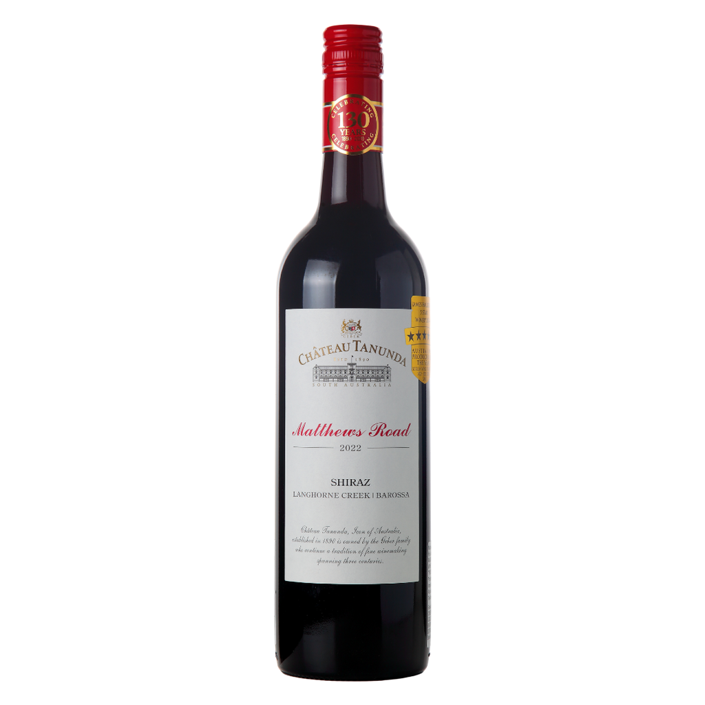 Garrafa do vinho tinto Matthews Road Shiraz 750ml da Château Tanunda, de Langhorne Creek, Austrália Meridional, em fundo branco com destaque para o rótulo frontal.