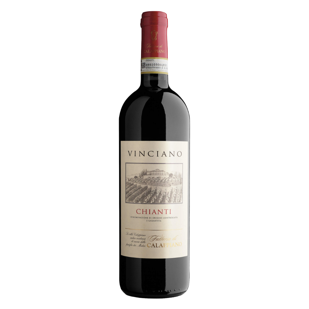 Garrafa do vinho tinto Vinciano Chianti DOCG 750 ml da Fattoria di Calappiano, da Toscana, Itália, em fundo branco com destaque para o rótulo frontal.