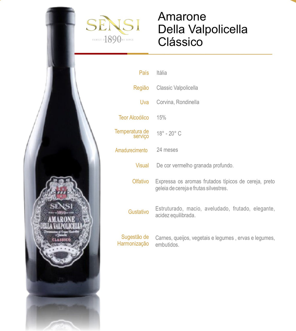 Ficha técnica do vinho tinto Amarone della Valpolicella Classico DOCG Sensi, com país, região, uvas Corvina e Rondinella, teor alcoólico, temperatura de serviço, amadurecimento e notas de degustação.