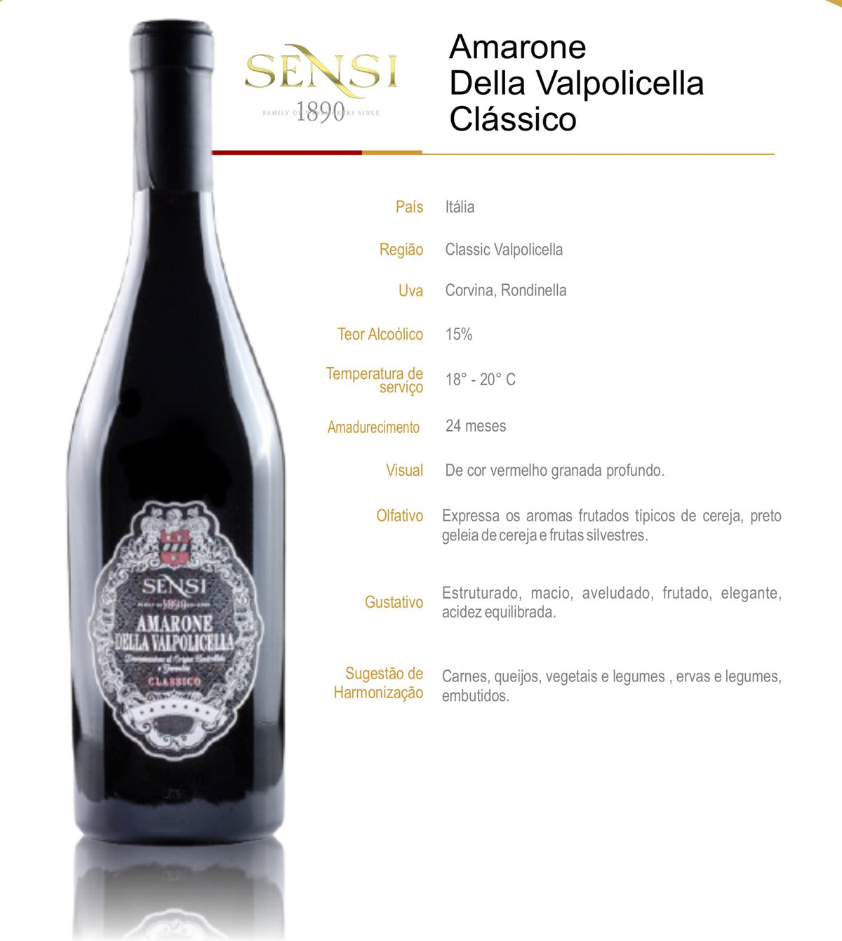 Ficha técnica do vinho tinto Amarone della Valpolicella Classico DOCG Sensi, com país, região, uvas Corvina e Rondinella, teor alcoólico, temperatura de serviço, amadurecimento e notas de degustação.