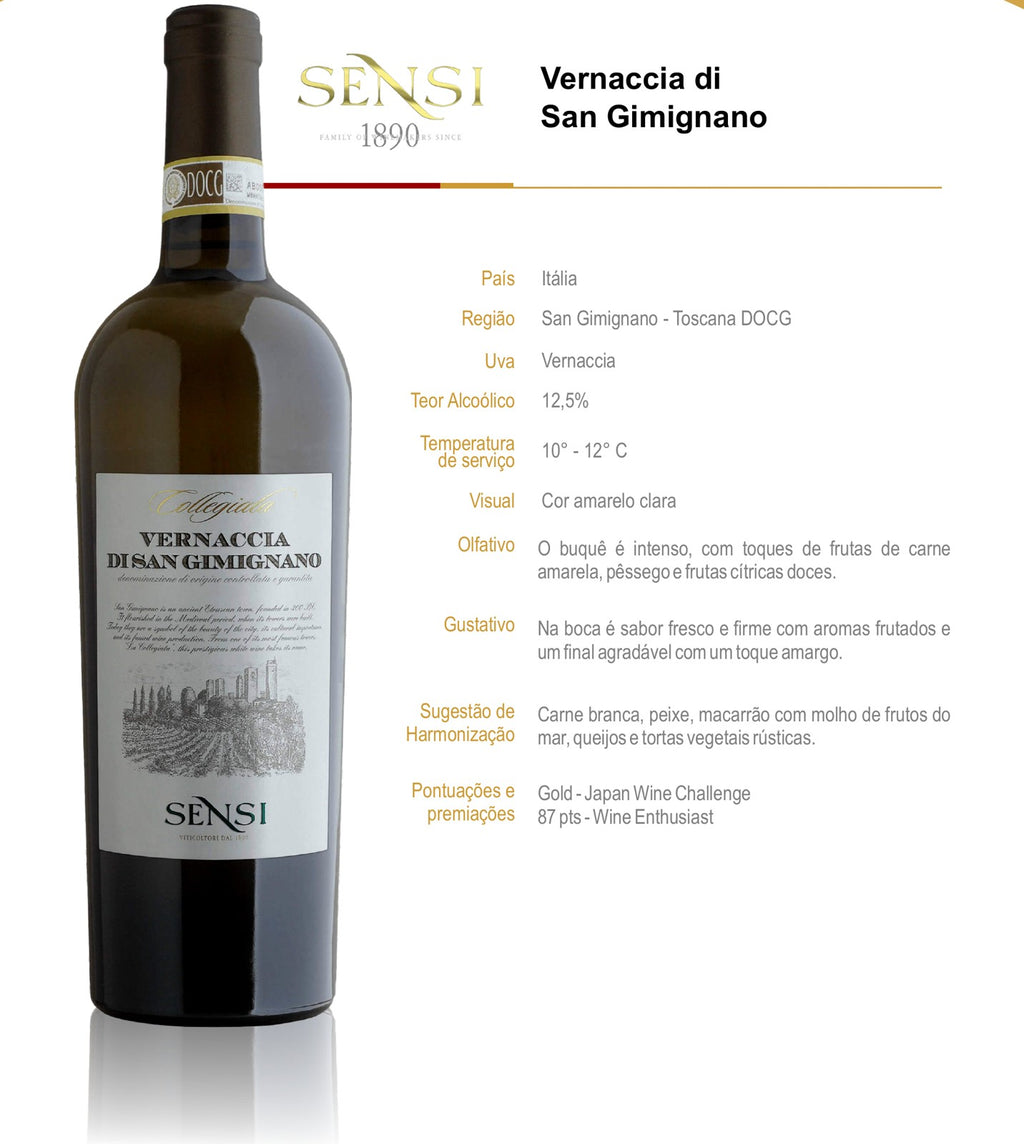Ficha técnica do vinho branco Vernaccia di San Gimignano DOCG Collegiata, da Sensi, com país, região, uva, teor alcoólico, temperatura de serviço, notas de degustação e harmonização.