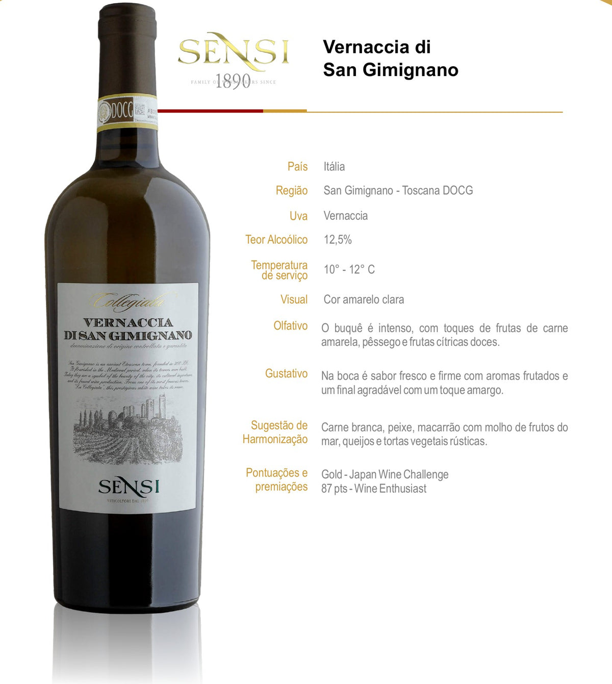 Ficha técnica do vinho branco Vernaccia di San Gimignano DOCG Collegiata, da Sensi, com país, região, uva, teor alcoólico, temperatura de serviço, notas de degustação e harmonização.
