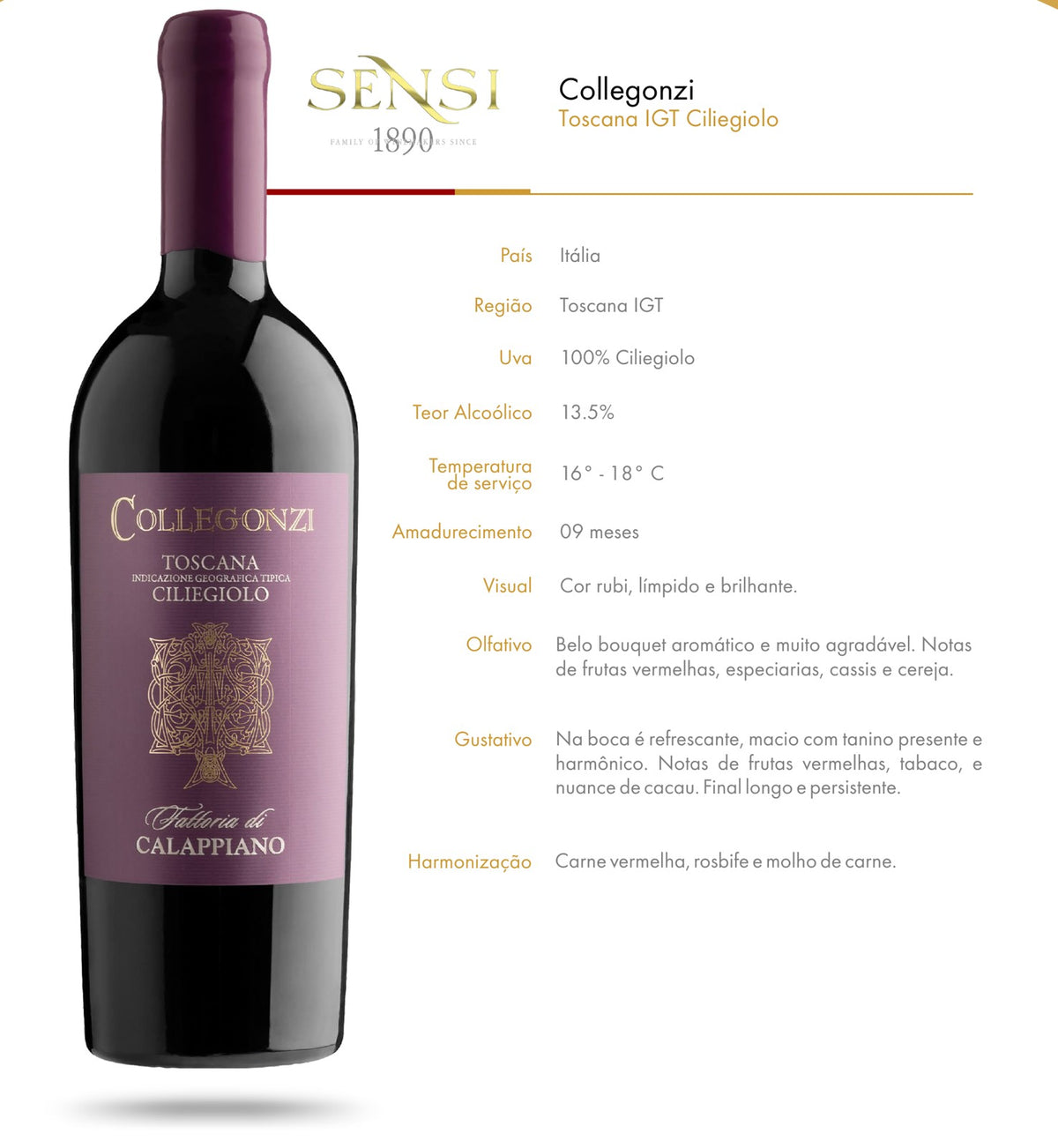 Ficha técnica do vinho tinto Collegonzi Toscana IGT Ciliegiolo, da Fattoria di Calappiano, com país, região, uva, teor alcoólico, temperatura de serviço, amadurecimento e notas de degustação.