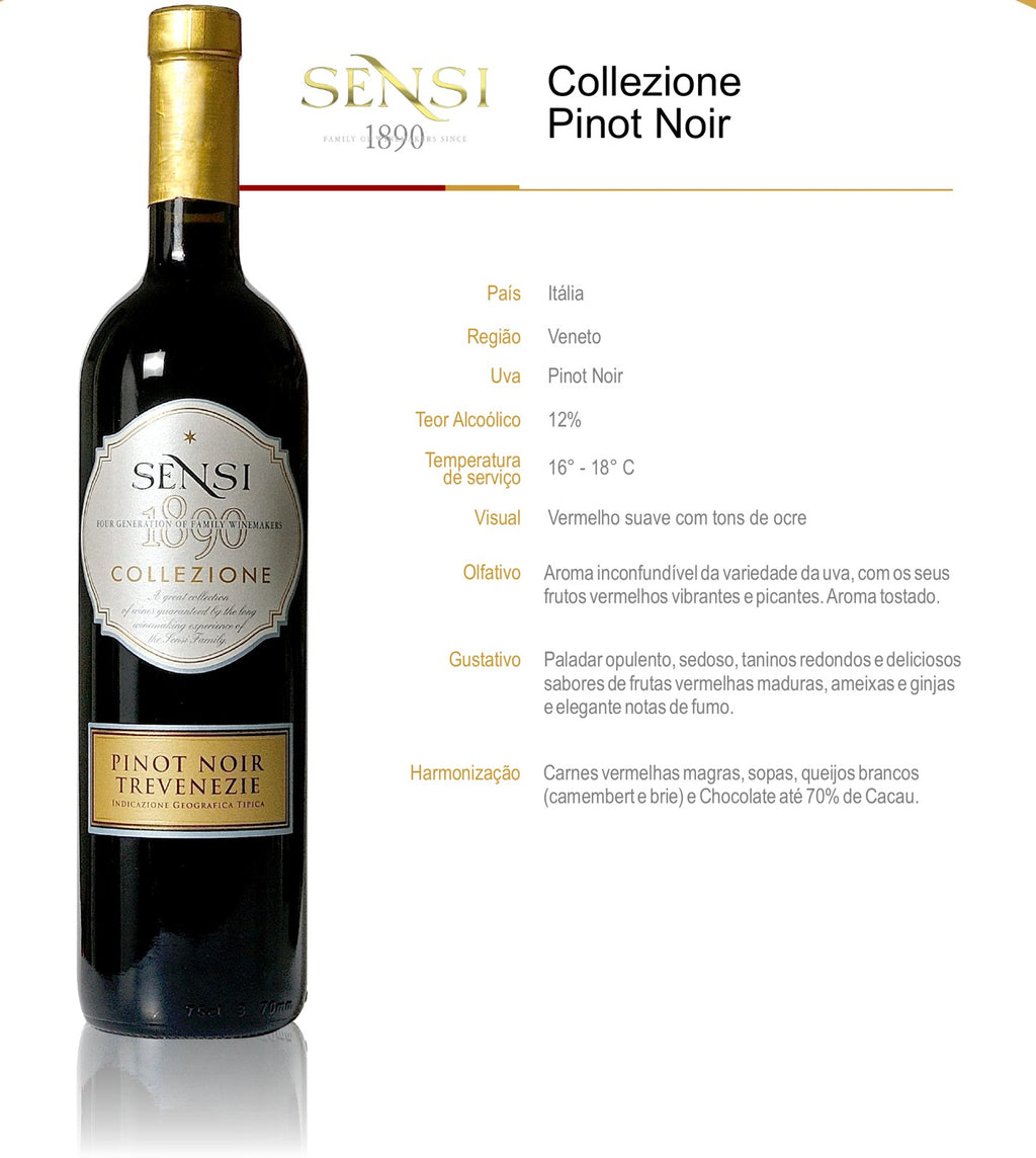 Ficha técnica do vinho tinto Sensi Collezione Pinot Noir Trevenezie, com país, região, uva, teor alcoólico, temperatura de serviço, notas de degustação e harmonização.