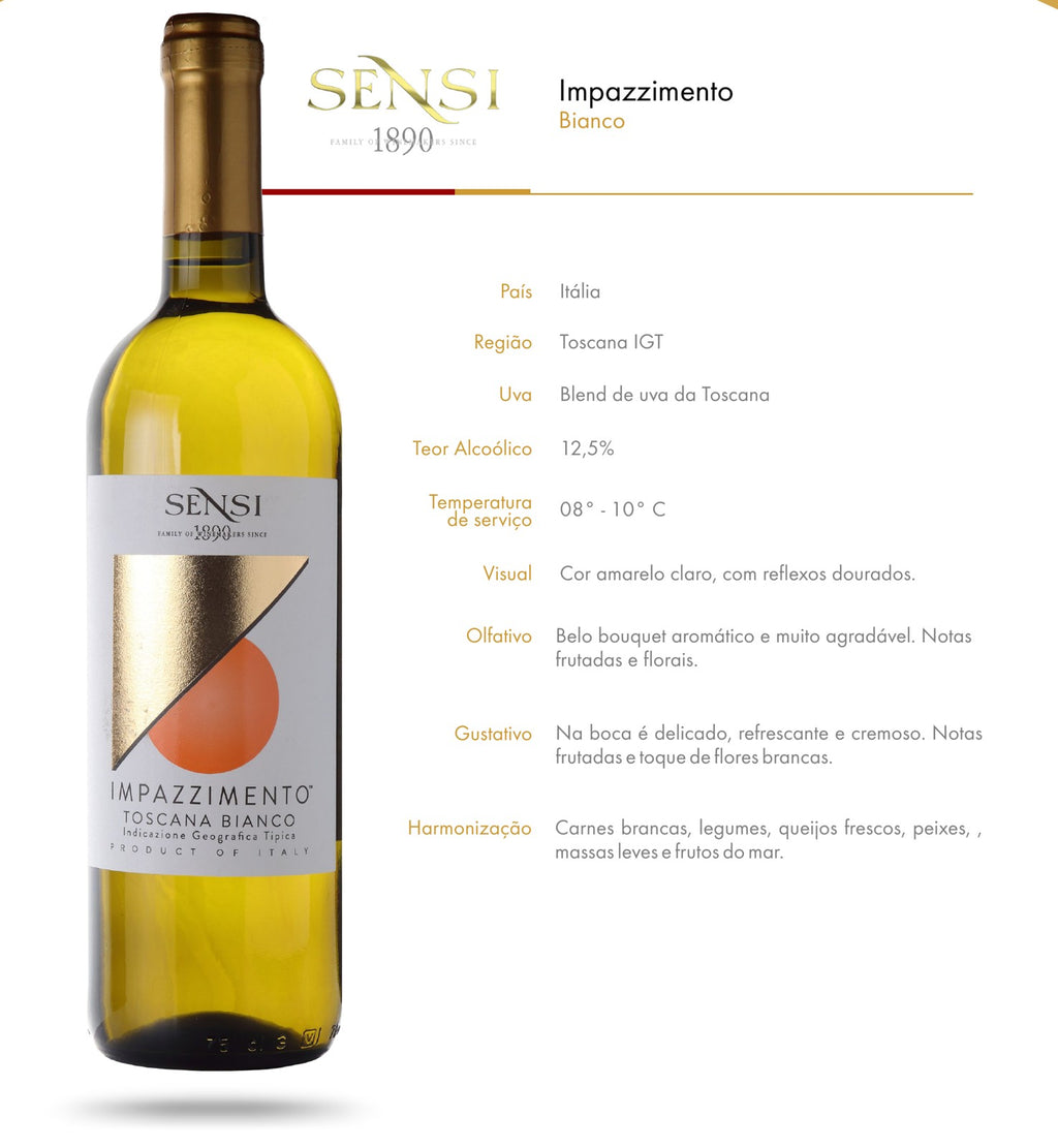 Ficha técnica do vinho branco Impazzimento Bianco Toscana IGT, da Sensi, com país, região, uvas, teor alcoólico, temperatura de serviço, notas de degustação e harmonização.