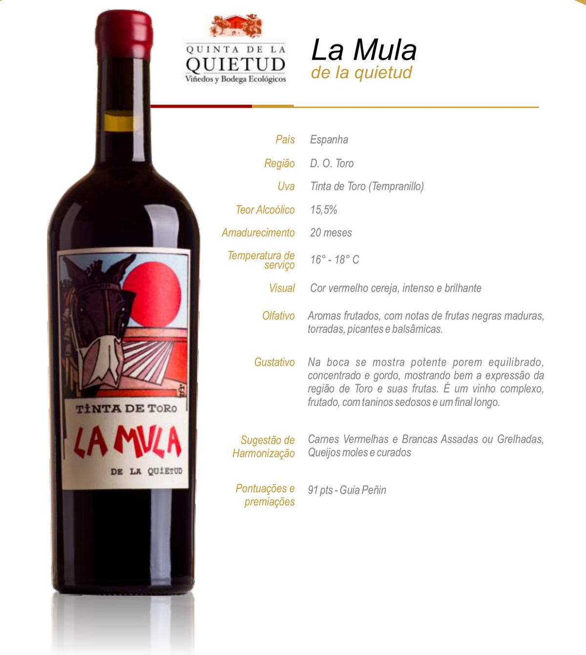 Ficha técnica do vinho tinto La Mula de la Quietud, Tinta de Toro, D.O. Toro, Espanha, com teor alcoólico, amadurecimento, temperatura de serviço, notas de degustação e pontuações.