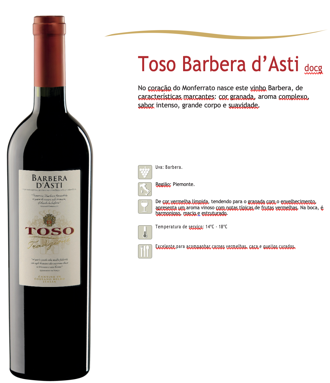 Vinho Tinto Italiano Toso Barbera d’Asti DOCG