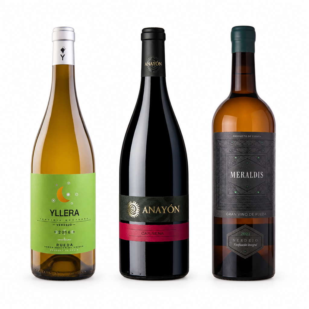 Três garrafas em fundo branco: Meraldis Verdejo, Anayón Cariñena e Yllera Vendimia Nocturna Verdejo